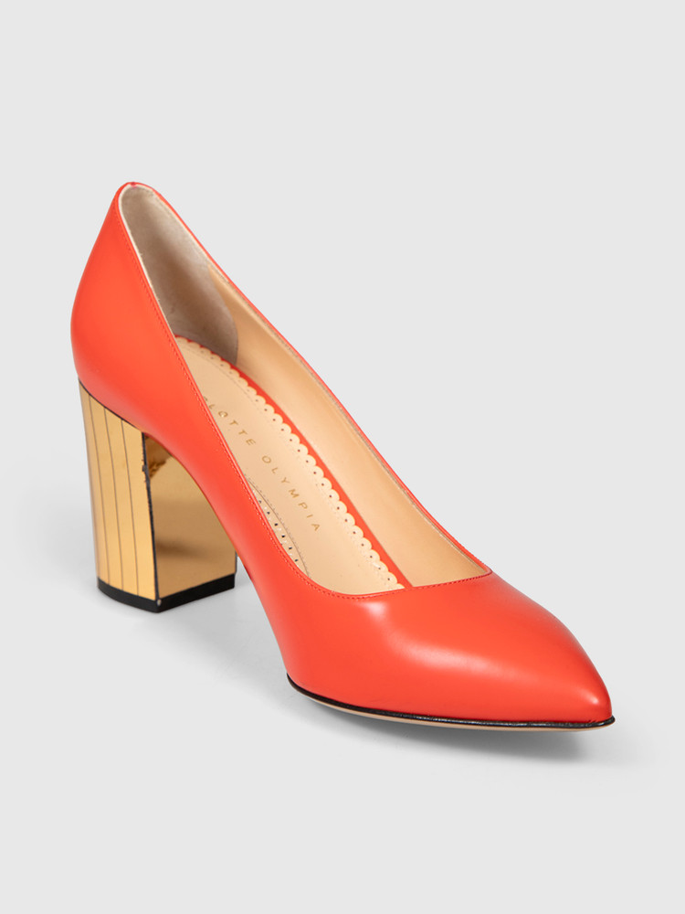 Charlotte Olympia Orange Leather Gold Heel Pumps