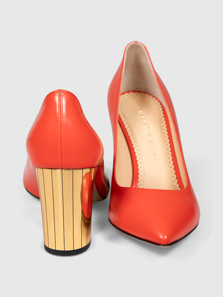 Charlotte Olympia Orange Leather Gold Heel Pumps