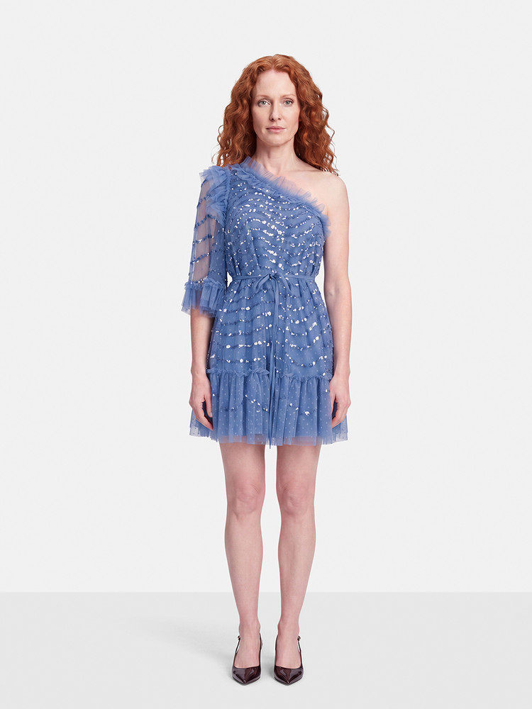 Needle & Thread Blue Sequinned One Shoulder Dress