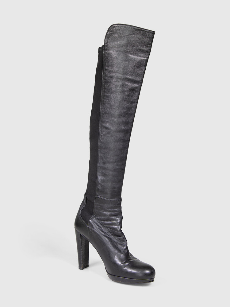 Stuart Weitzman Black Leather & Stretch Heeled Boots