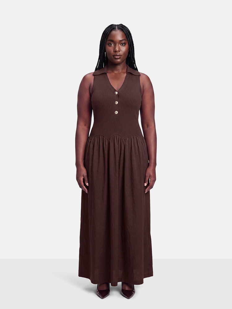 Self-Portrait Brown Ribbed Knit Midi Dress