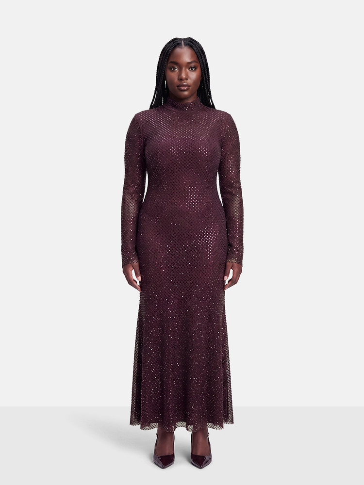 Self-Portrait Burgundy Rhinestone Fishnet Midi Dress