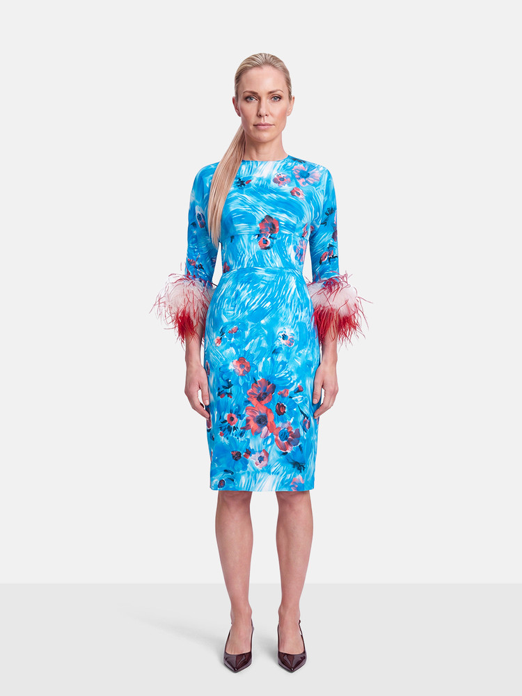 Prada F/W2017 Floral Ostrich Feather Trim Midi Dress