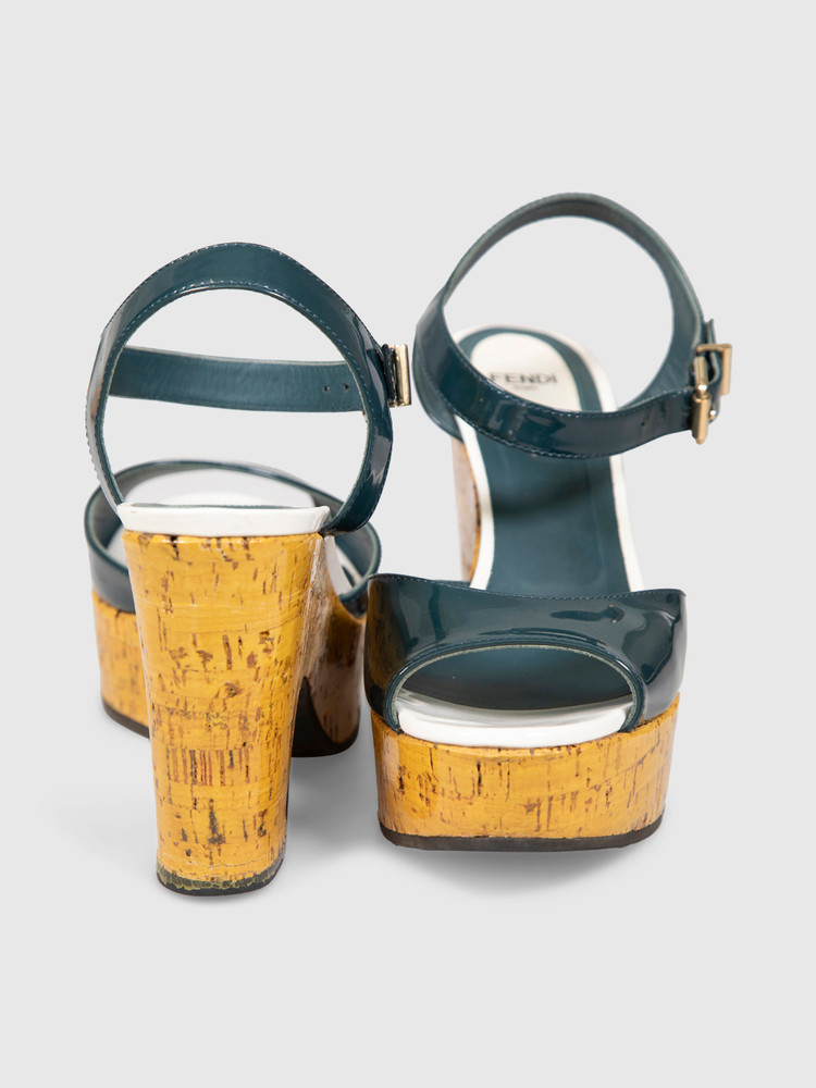 Fendi Green Patent Cork Platform Sandals