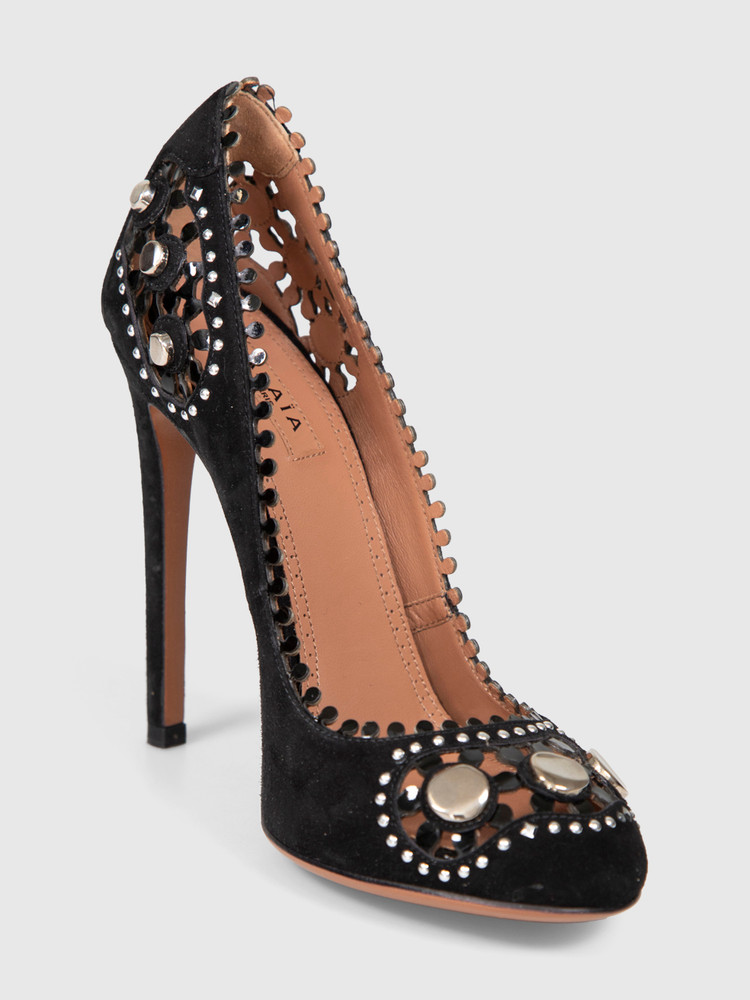 Alaïa Black Suede Embellished Cutout Pumps