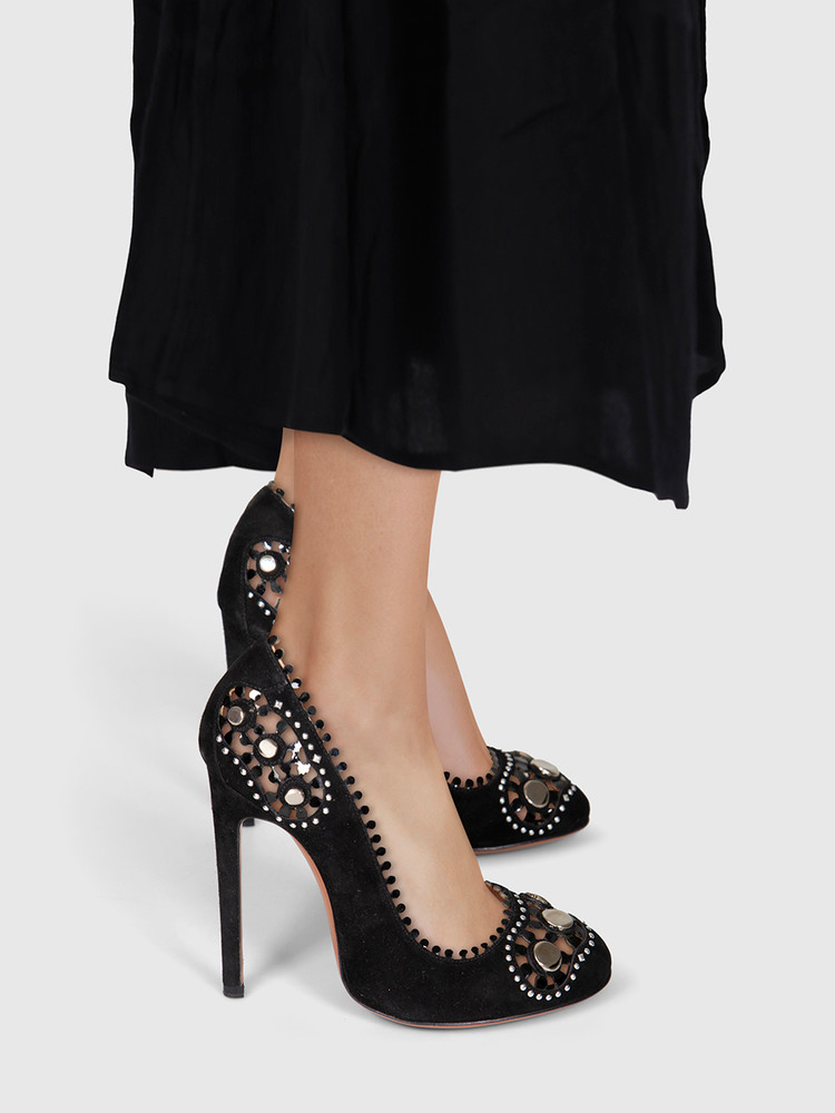 Alaïa Black Suede Embellished Cutout Pumps