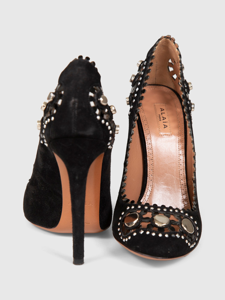 Alaïa Black Suede Embellished Cutout Pumps