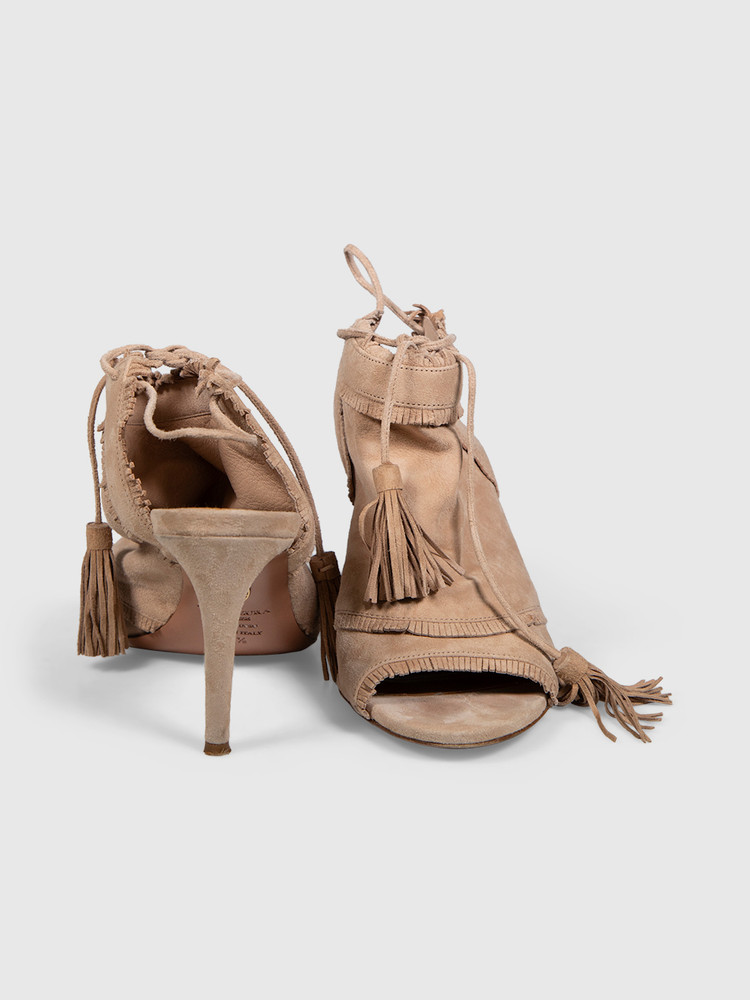 Aquazzura Beige Suede Tassel Mules