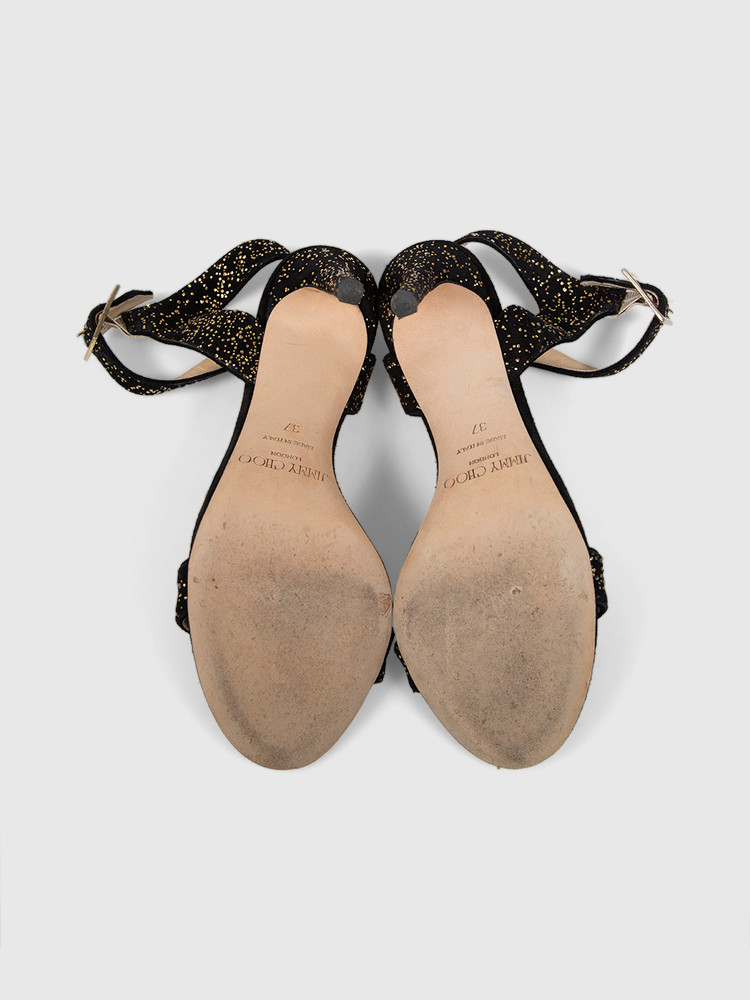 Jimmy Choo Black & Gold Glitter Suede Sandals
