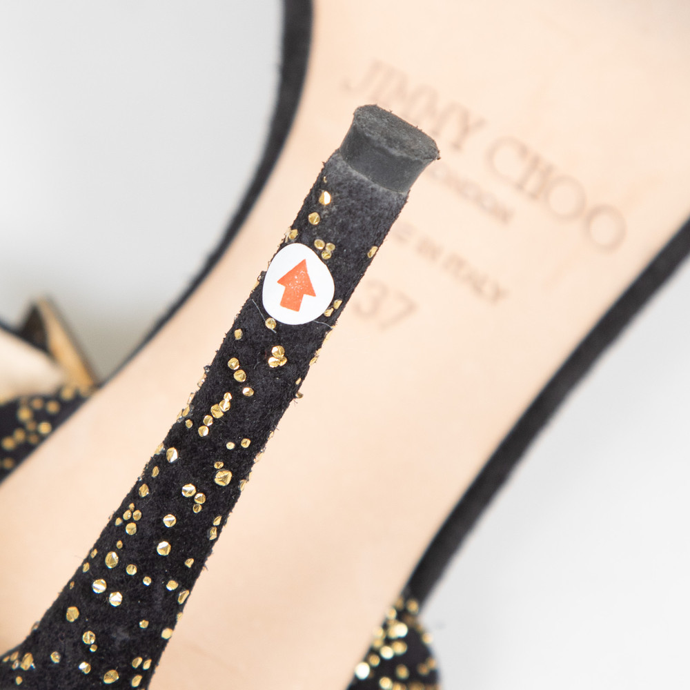 Jimmy Choo Black & Gold Glitter Suede Sandals
