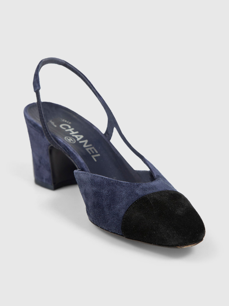 Chanel Navy Suede Slingback Cap Toe Pumps