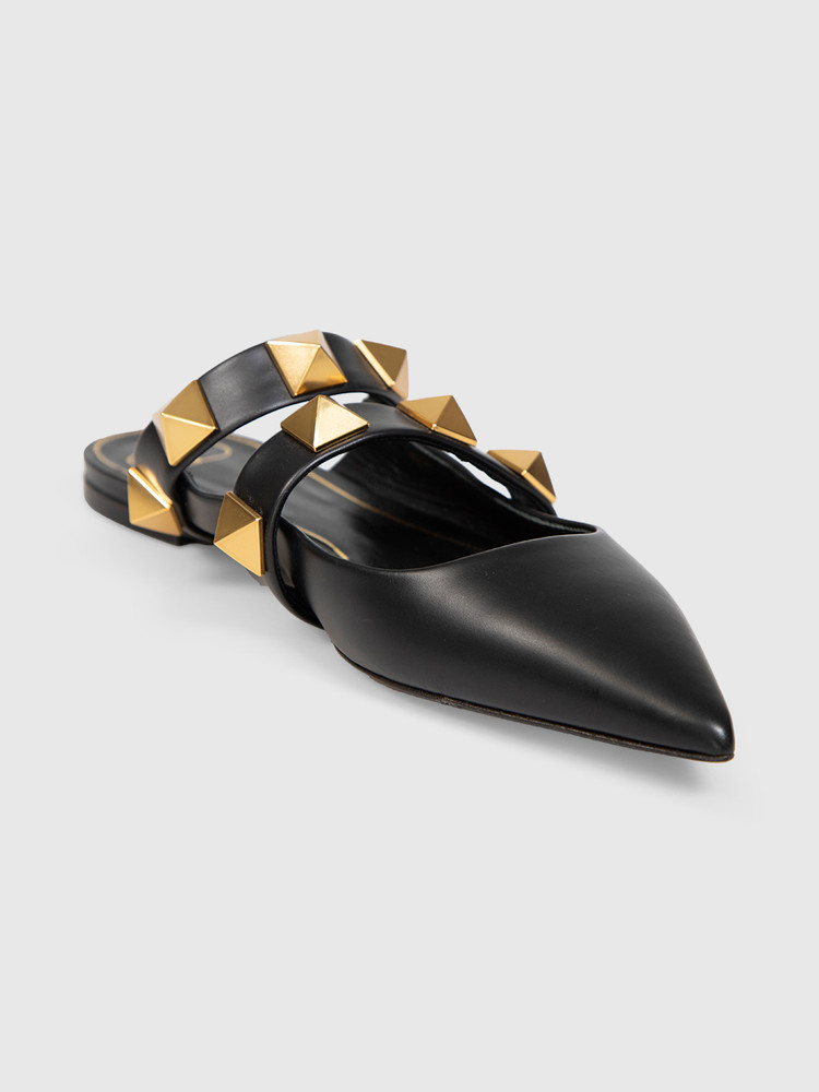 Valentino Garavani Black Leather Roman Stud Flat Mules