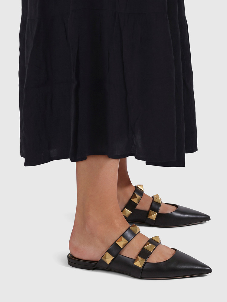 Valentino Garavani Black Leather Roman Stud Flat Mules