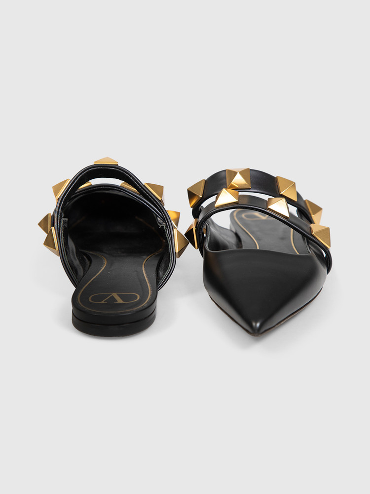 Valentino Garavani Black Leather Roman Stud Flat Mules