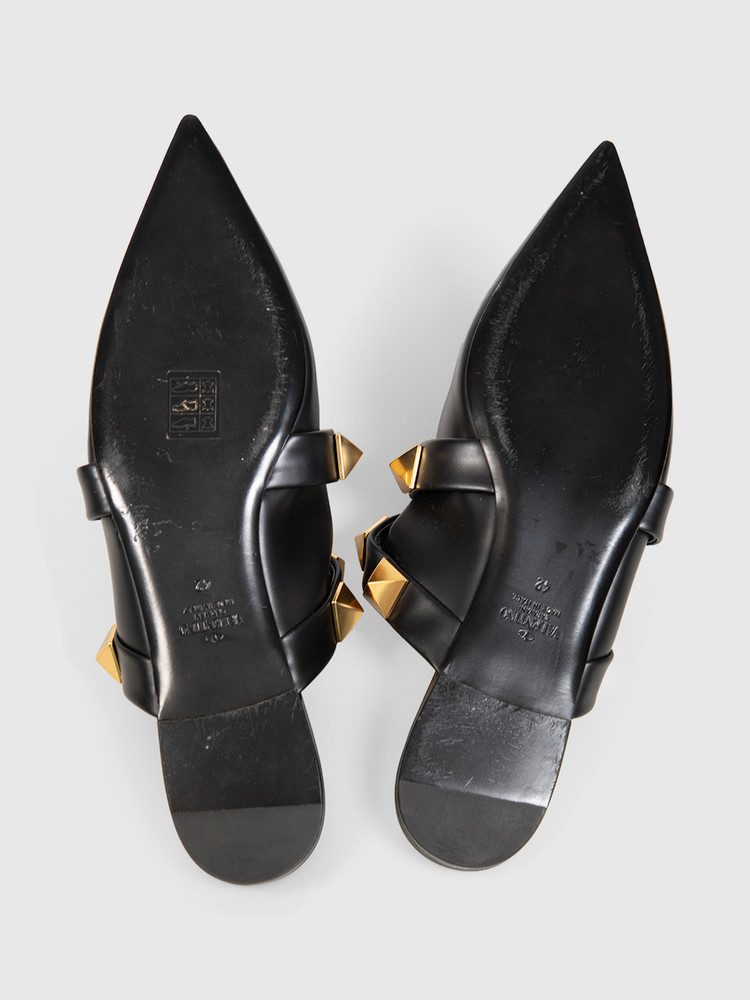 Valentino Garavani Black Leather Roman Stud Flat Mules