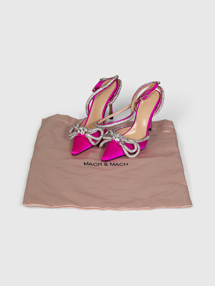 Mach & Mach Pink Double Bow Crystal Satin Heels