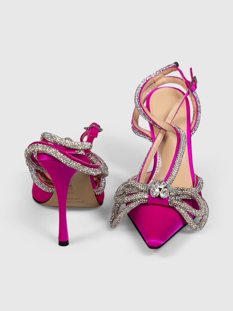 Mach & Mach Pink Double Bow Crystal Satin Heels