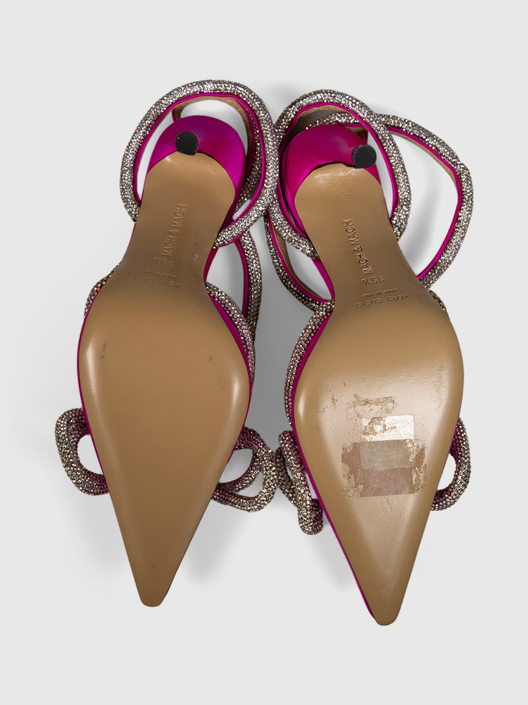 Mach & Mach Pink Double Bow Crystal Satin Heels