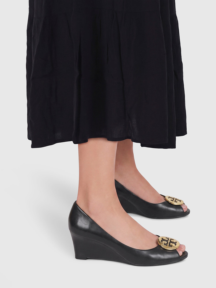 Tory Burch Black Leather Peep Toe Wedges