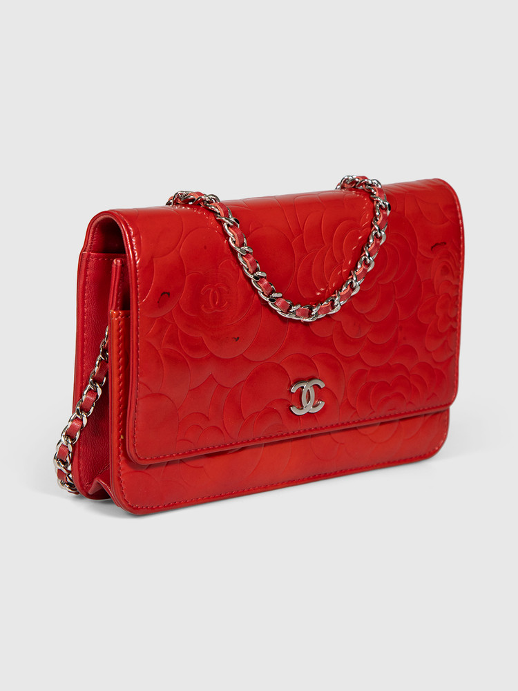 Chanel Red Patent Leather Camellia Wallet On Chain