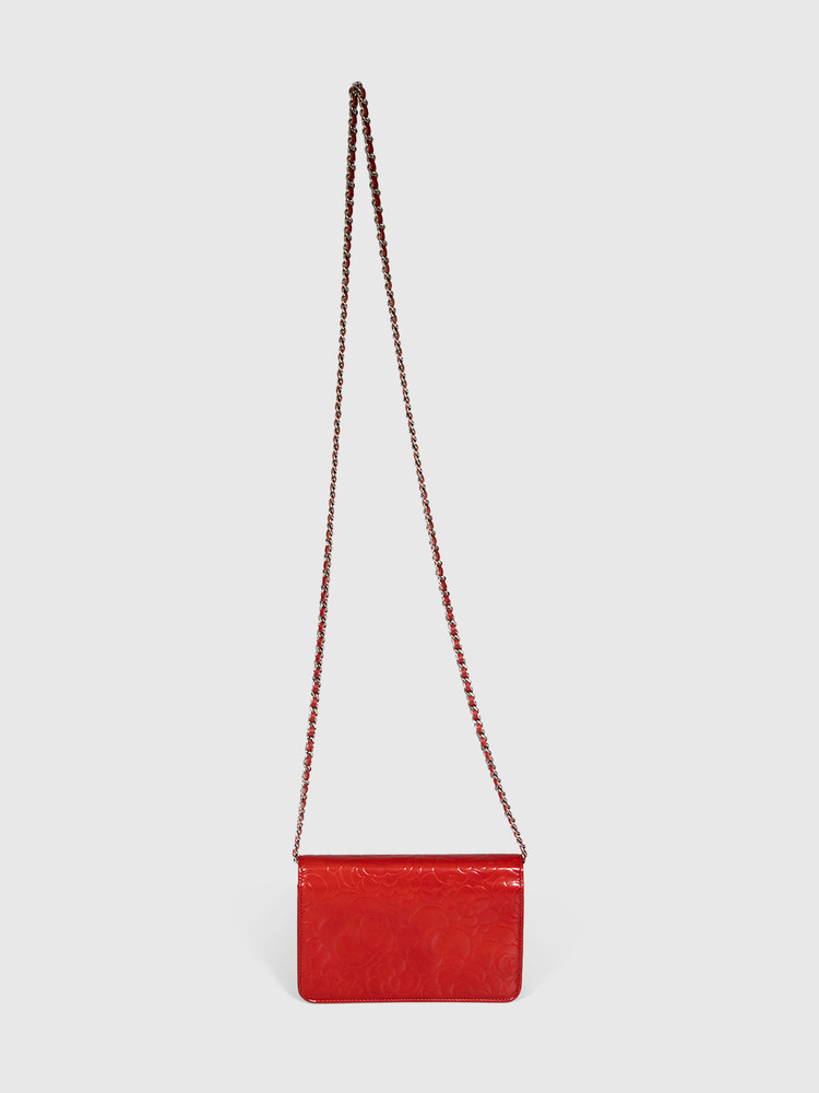 Chanel Red Patent Leather Camellia Wallet On Chain