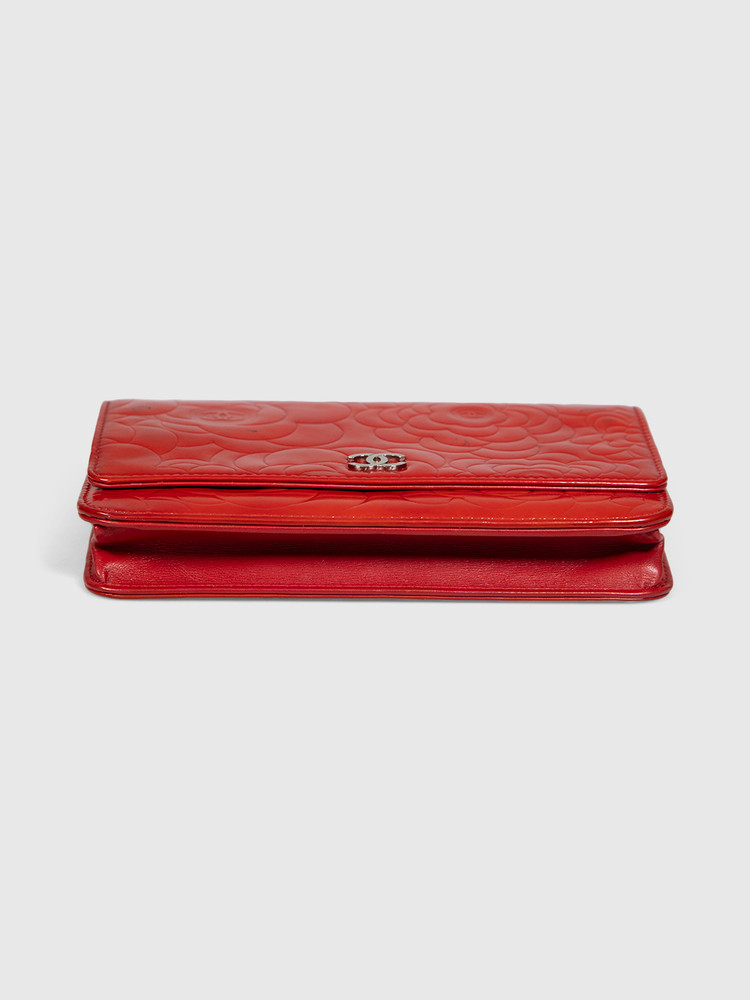 Chanel Red Patent Leather Camellia Wallet On Chain