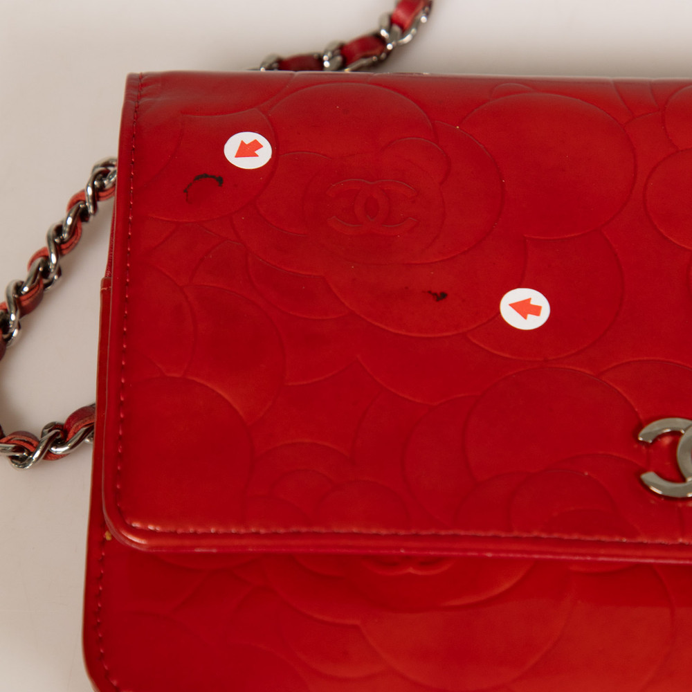 Chanel Red Patent Leather Camellia Wallet On Chain