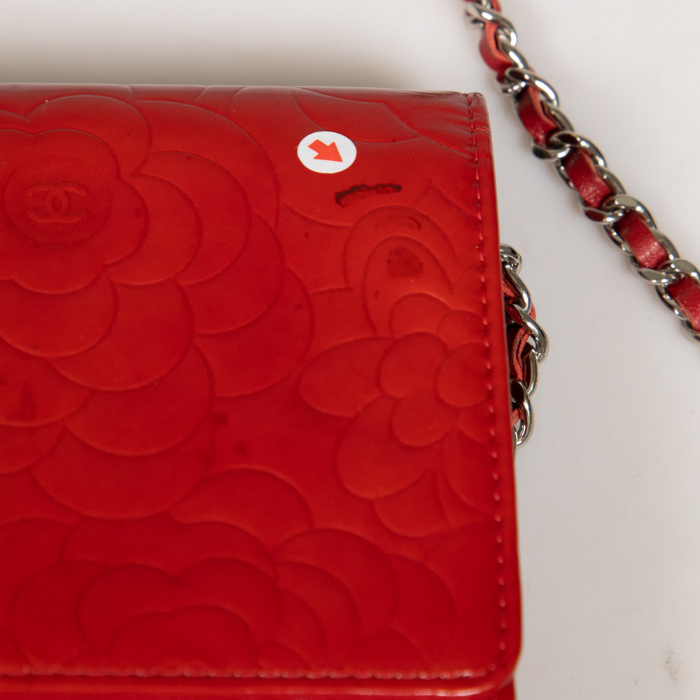 Chanel Red Patent Leather Camellia Wallet On Chain