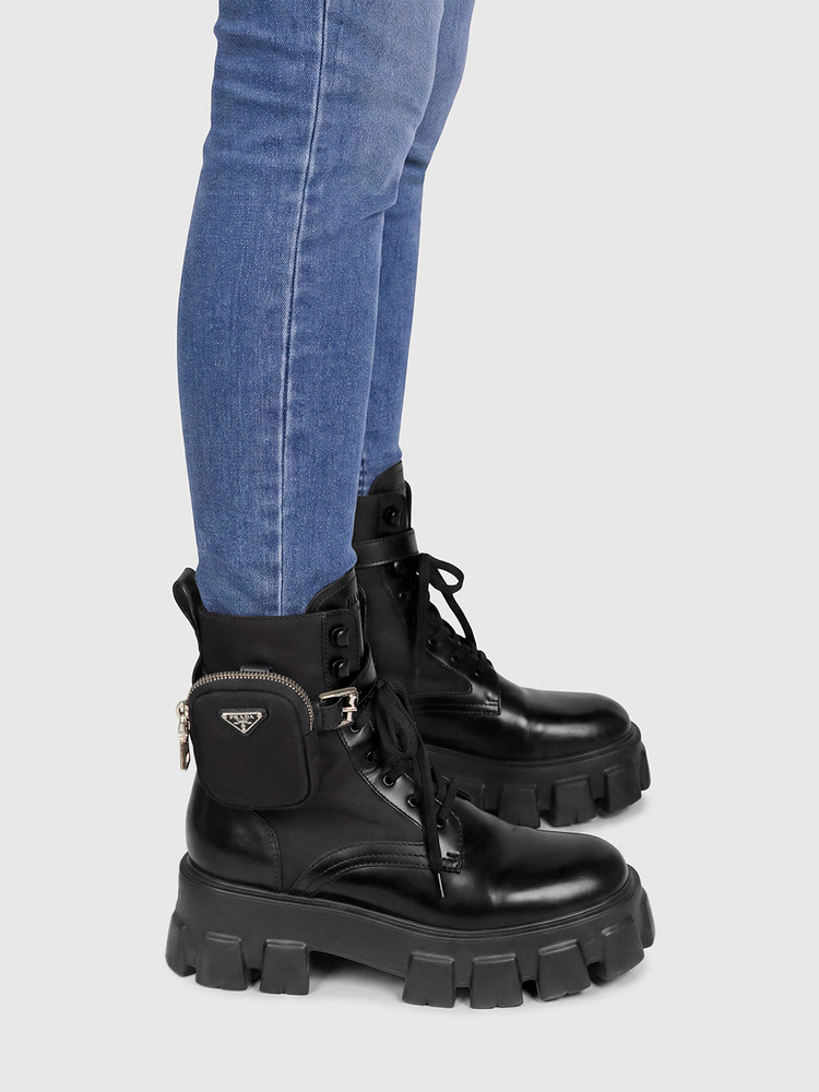 Prada Black Leather Monolith Pouch Ankle Boots