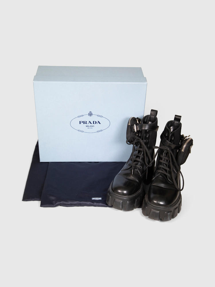Prada Black Leather Monolith Pouch Ankle Boots