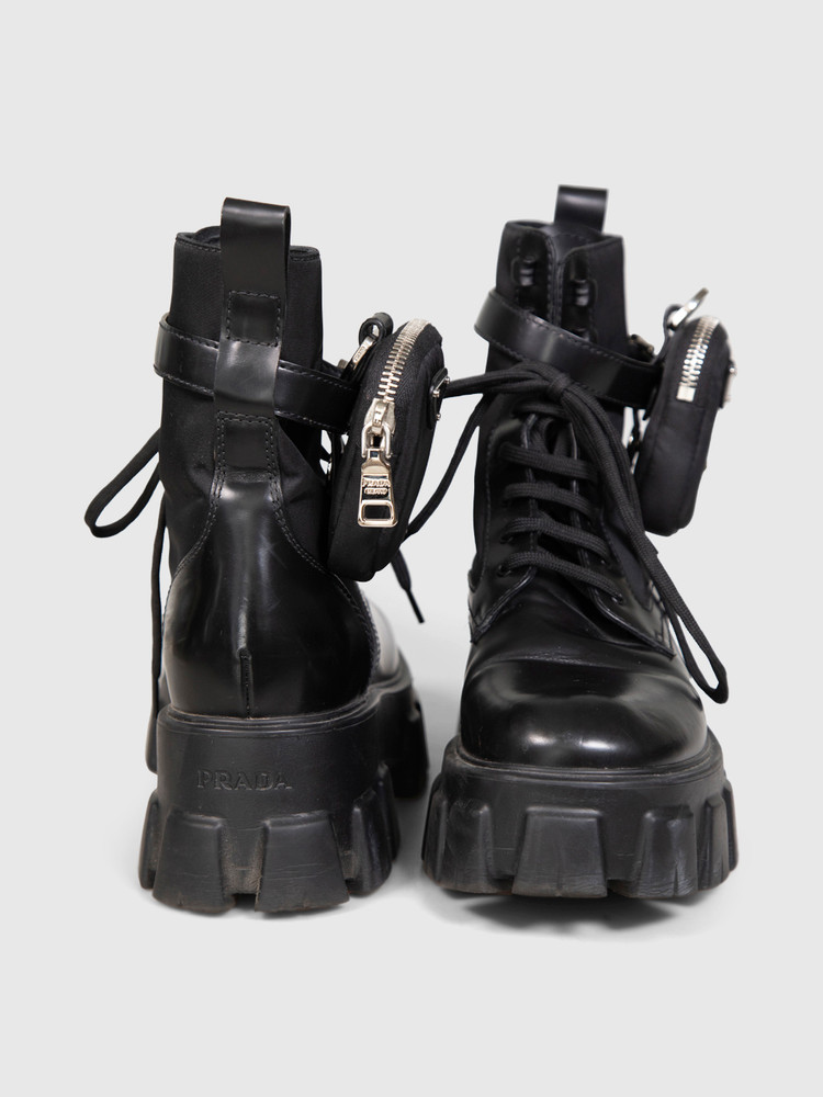 Prada Black Leather Monolith Pouch Ankle Boots