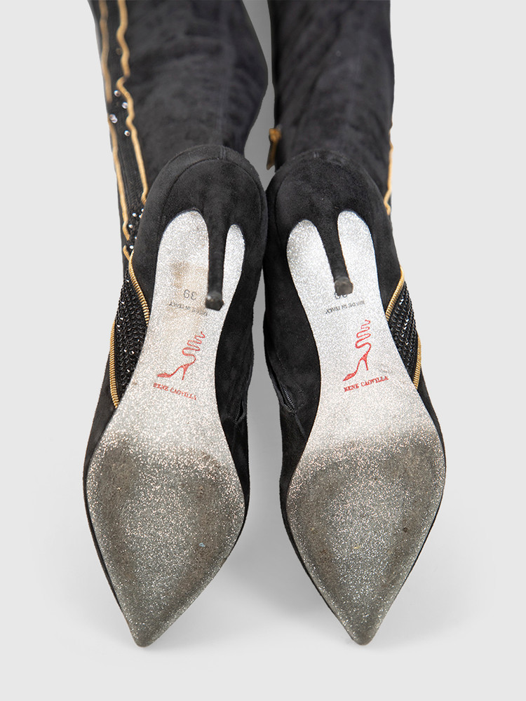 Rene Caovilla Black Embellished Suede Boots