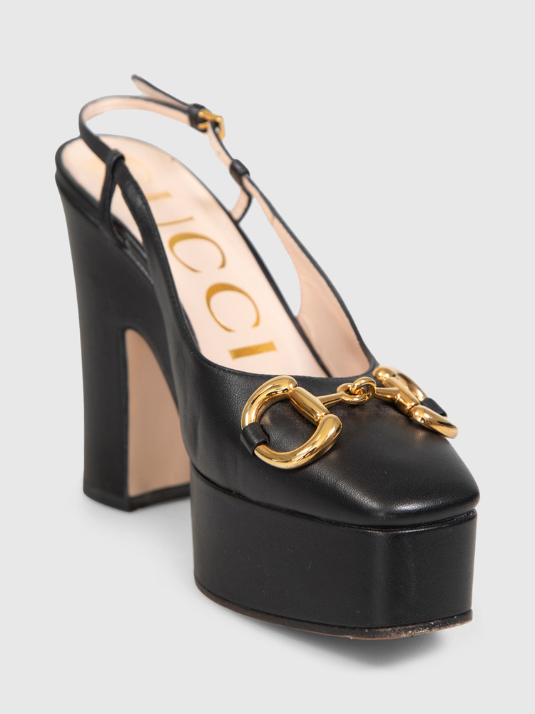 Gucci Black Leather Horsebit 120 Platform Pumps