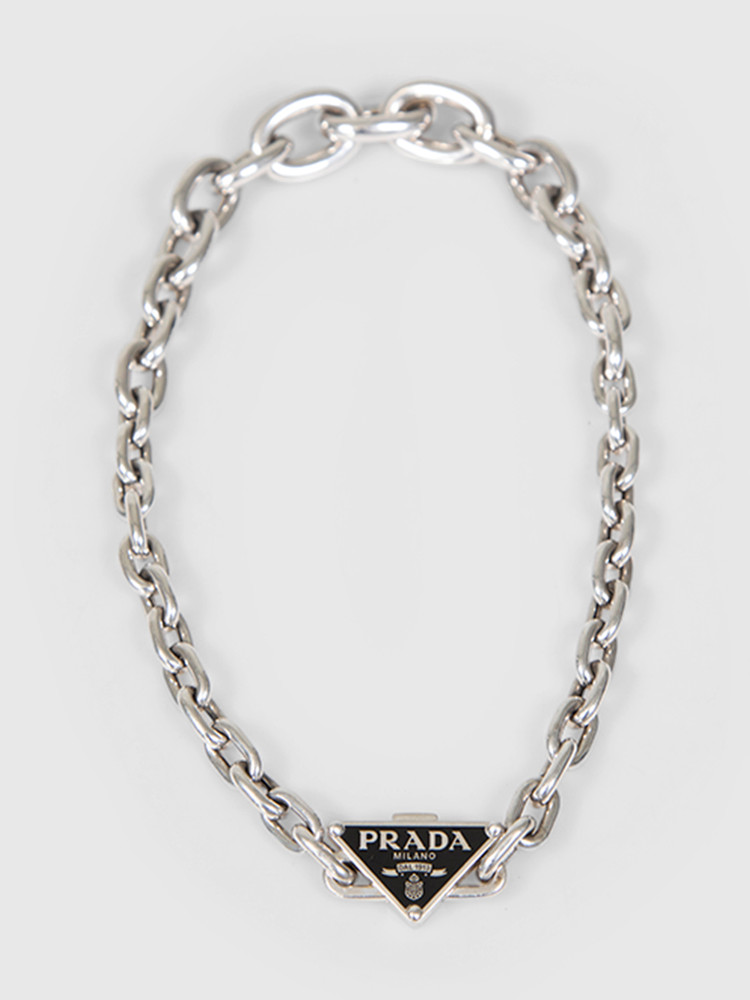 Prada Sterling Silver Triangle Logo Chain Necklace