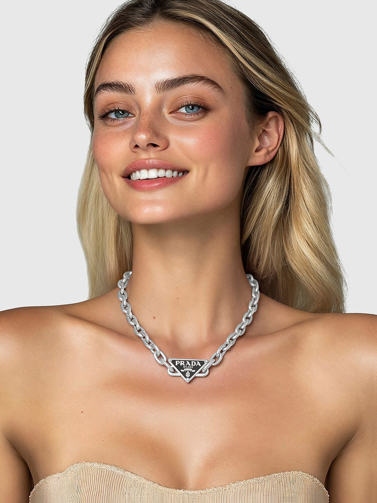 Prada Sterling Silver Triangle Logo Chain Necklace