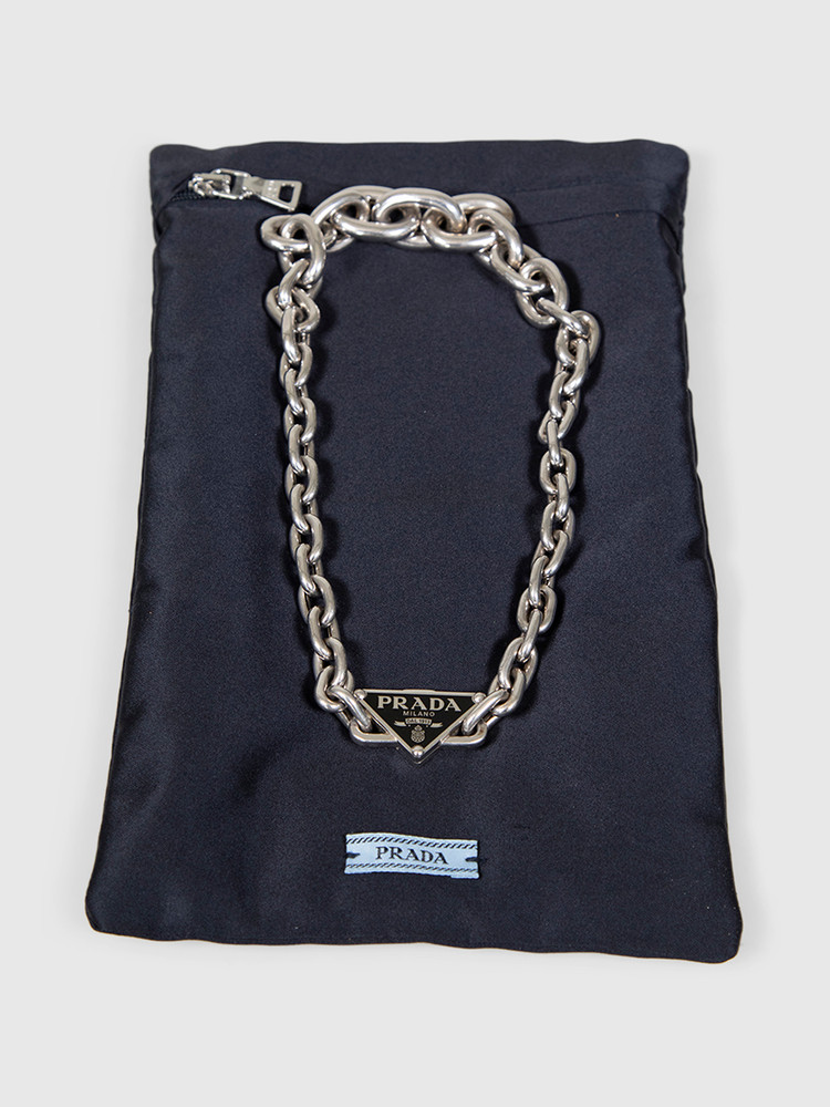 Prada Sterling Silver Triangle Logo Chain Necklace