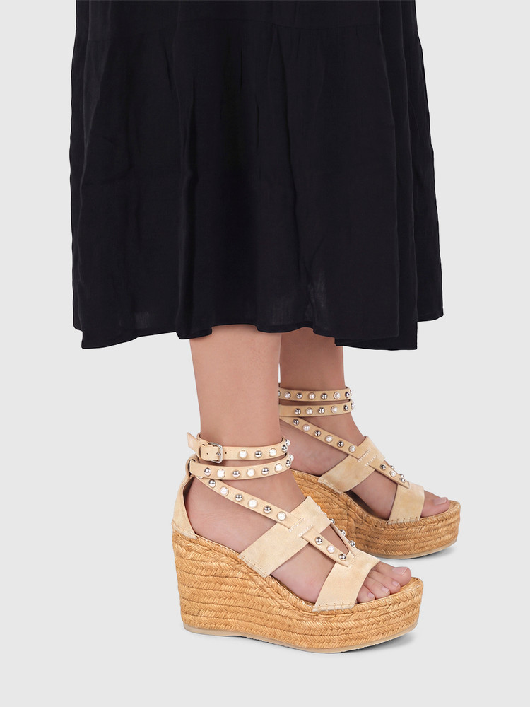 Jimmy Choo Beige Suede Studded Wedge Sandals