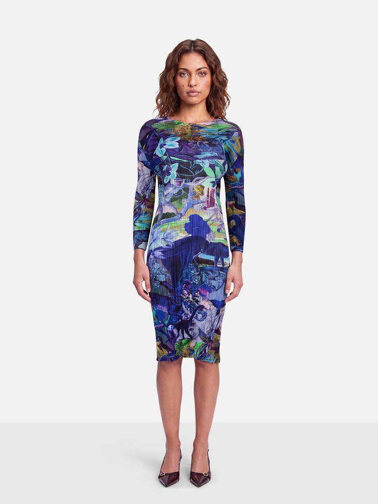Issey Miyake Pleats Please Purple Aurora Jungle Print Dress