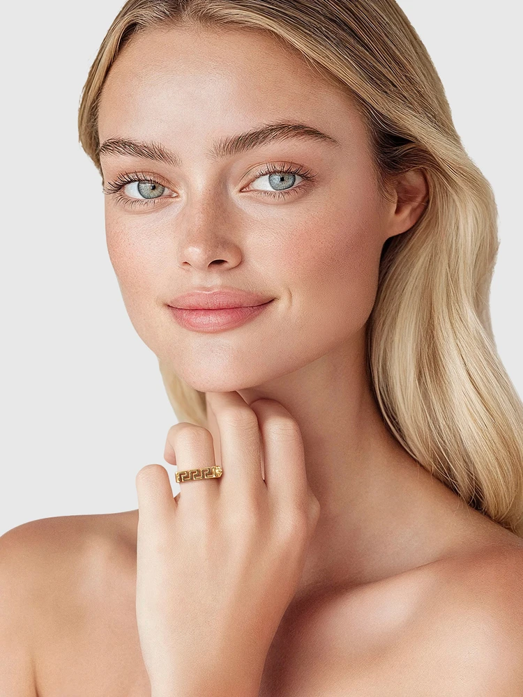 Versace Gold Tone Metal Greca Bar Ring