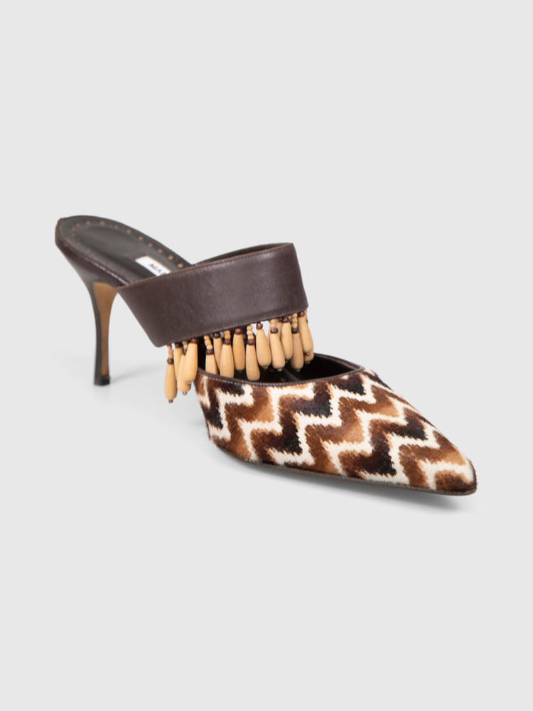 Manolo Blahnik Zig Zag Pony Hair Wood Charm Mules
