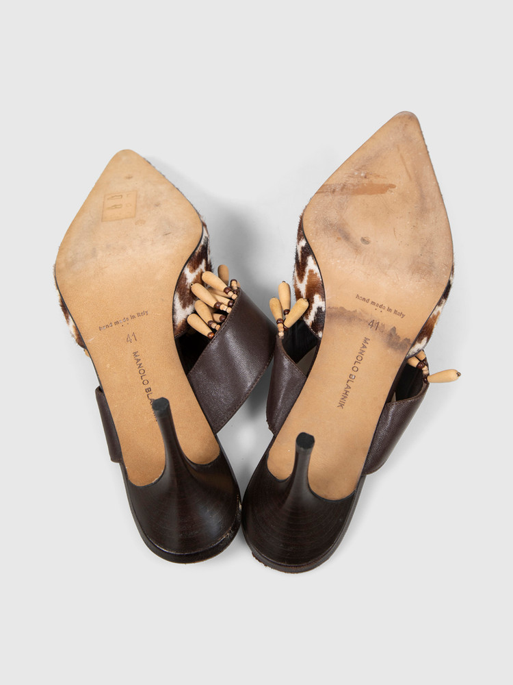 Manolo Blahnik Zig Zag Pony Hair Wood Charm Mules