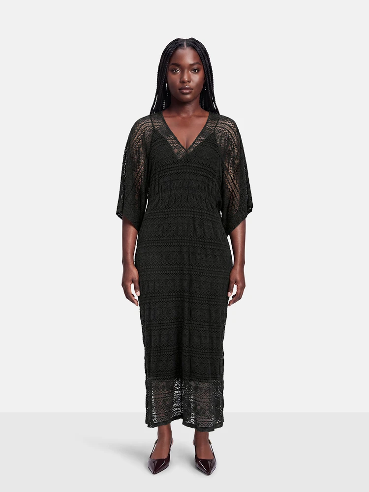 Pink Memories Black Crochet Midi Dress