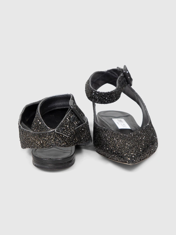 Jimmy Choo Black Glitter Point Toe Lou Flats