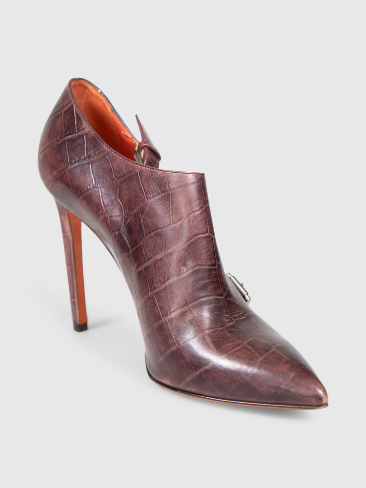 Santoni Burgundy Croc Embossed Leather Heels