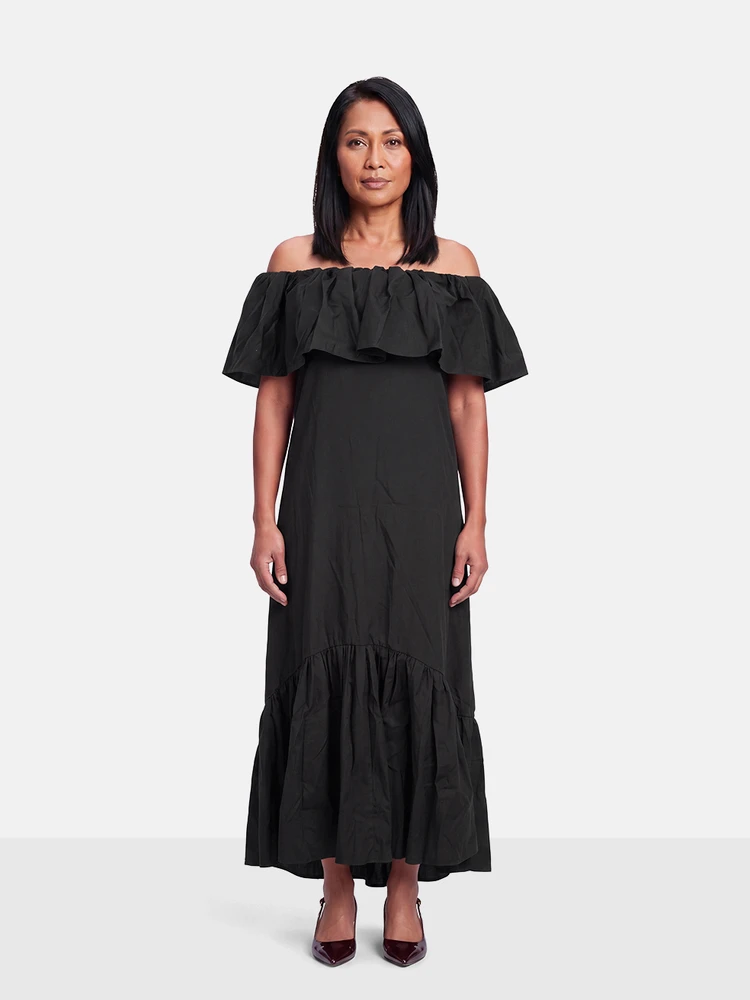 Max Mara Black Ruffle Off Shoulder Maxi Petali Dress