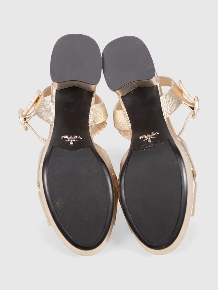 Prada Gold Saffiano Leather Platform Sandals