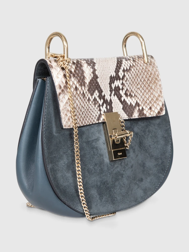 Chloé Silver Blue Suede & Snakeskin Drew Shoulder Bag