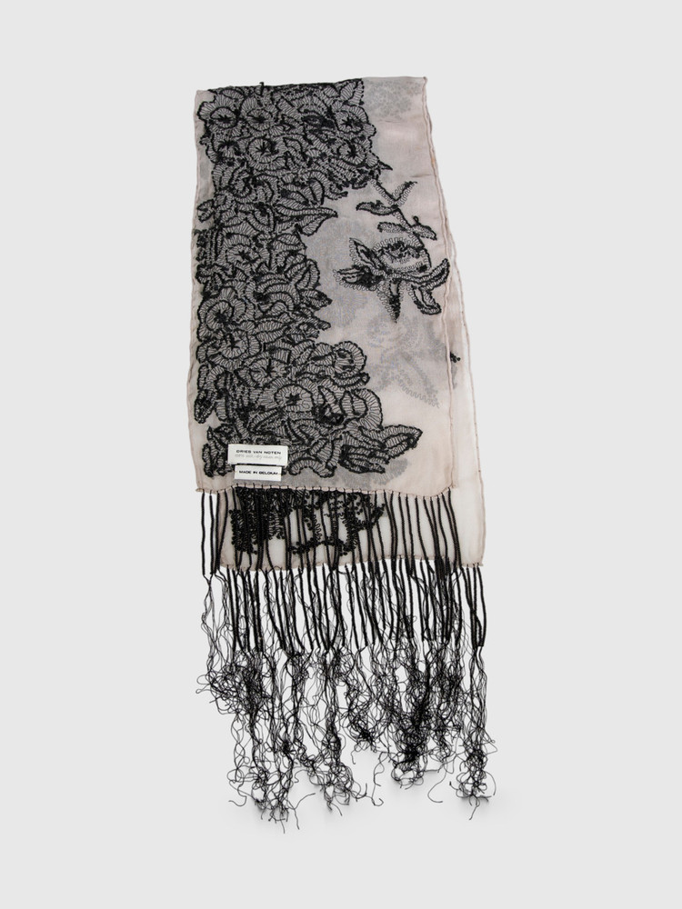 Dries Van Noten Black & Grey Silk Abstract Embroidered Scarf