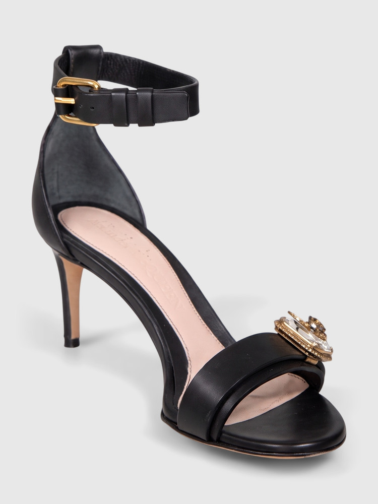 Alexander McQueen Black Leather Crystal Heeled Sandals