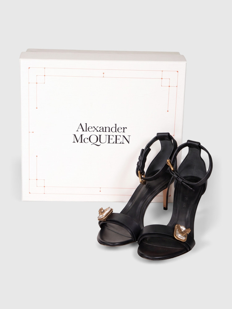 Alexander McQueen Black Leather Crystal Heeled Sandals